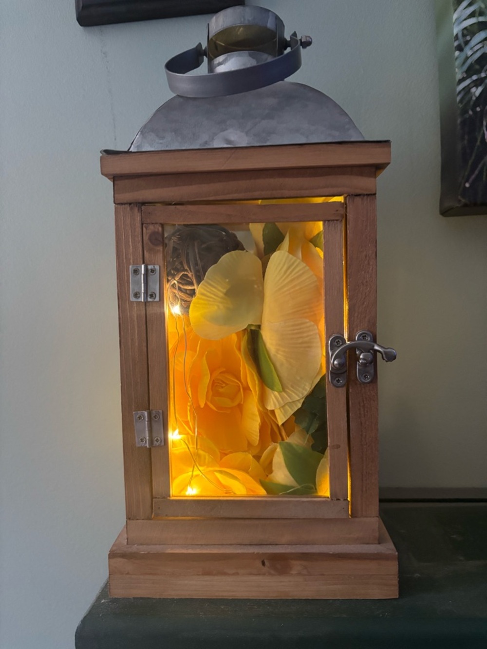 Wooden Lantern Decorative Accent with Yellow Floral Lights - Unbranded